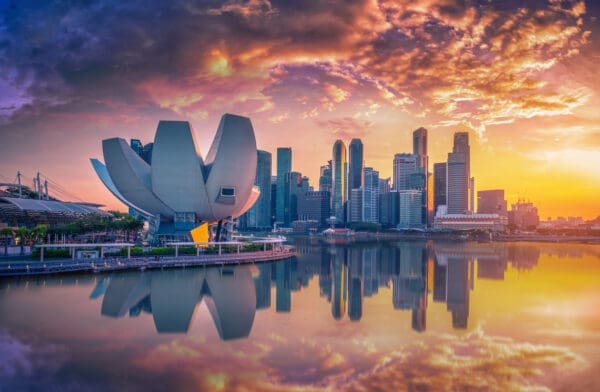 Singapore Skyline and view of skyscrapers on Marina Bay at sunse