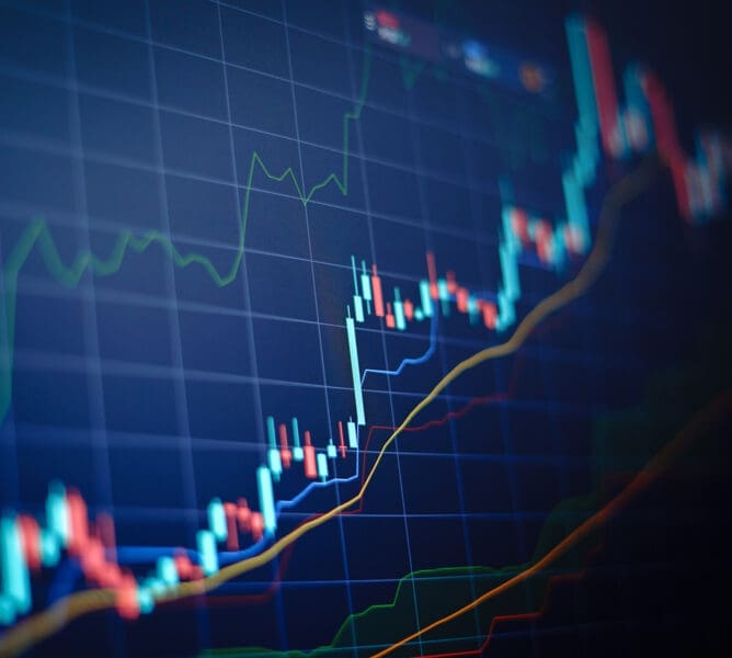 Closeup financial chart with uptrend line candlestick graph