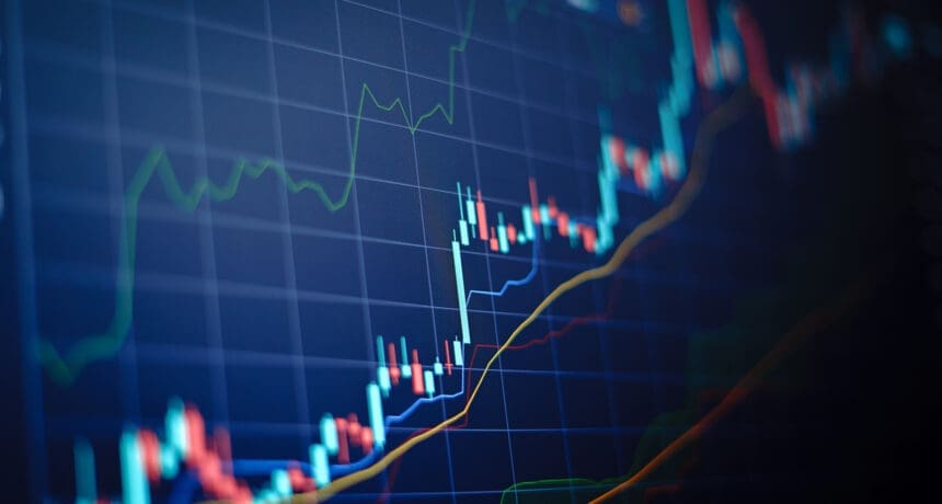 Closeup financial chart with uptrend line candlestick graph