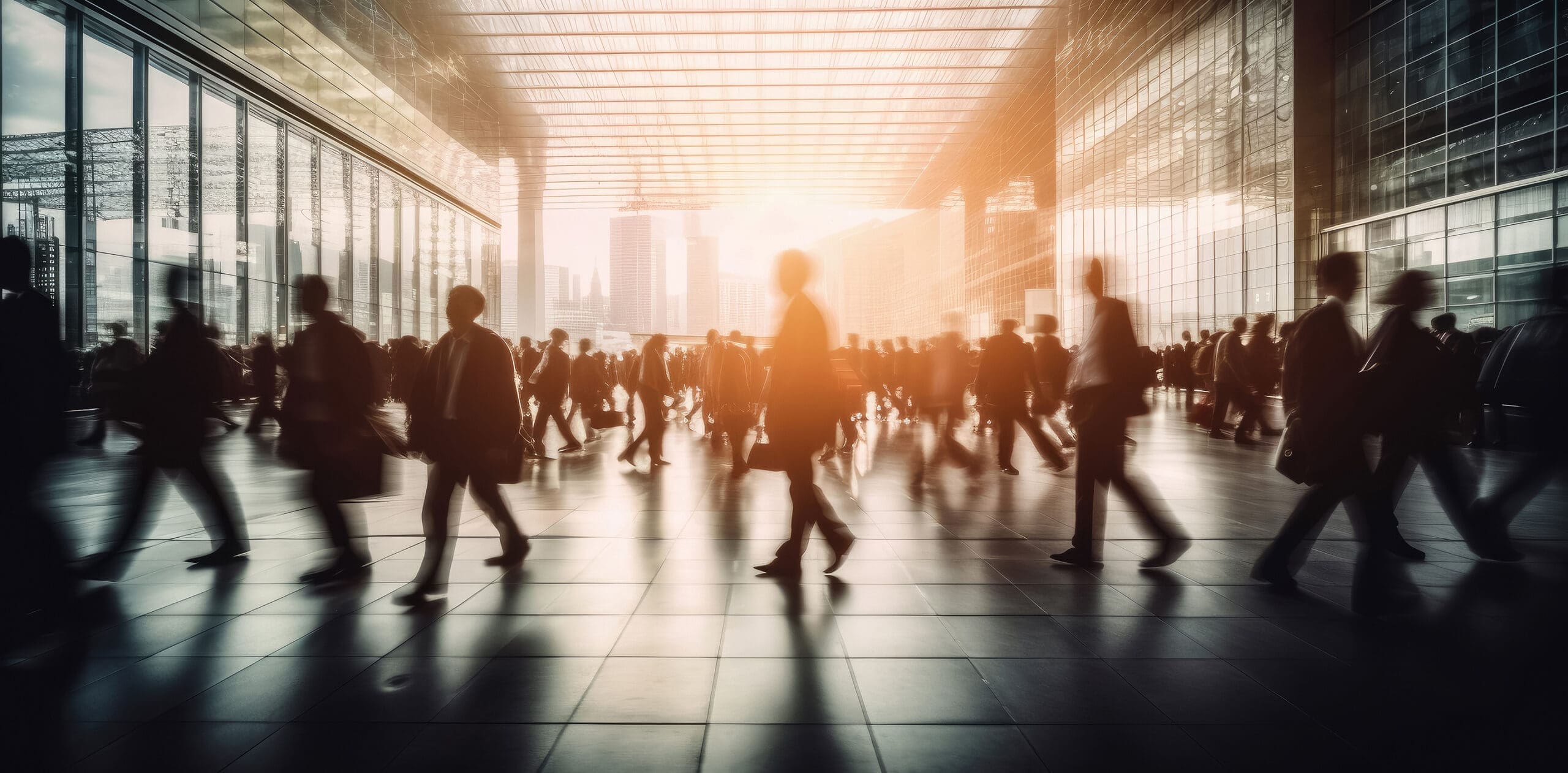 Blurred business people walking in the city scape , panoramic view of people crossing the road , Generative Ai Technology